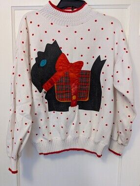 Vintage Sports Accent Scottie Dog Christmas Sweater Polka Dot Medium